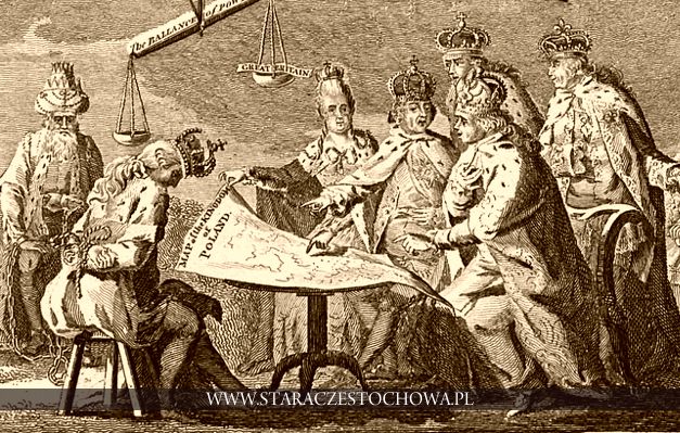 Rycina z 1772 roku przedstawiająca rozbiór Polski